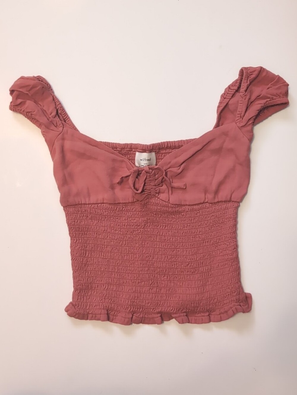 Wilfred Aritzia Smocked Ruffle Tie Front Crop Top Size 2XS